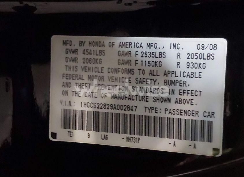 Photo 9 of 2009 Honda Accord 3.5 EX-L (VIN 1HGCS22829A002847)