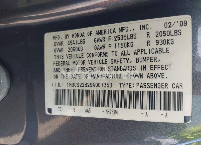 Photo 9 of 2009 Honda Accord 3.5 EX-L (VIN 1HGCS22829A007353)