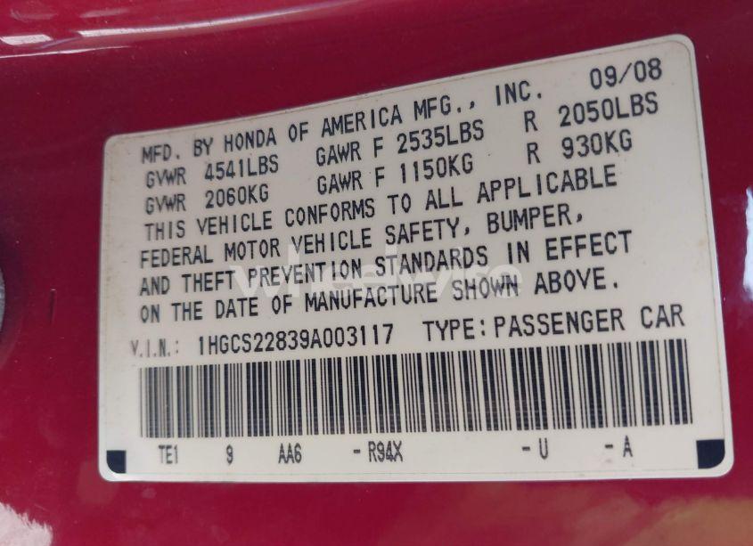 Photo 9 of 2009 Honda Accord 3.5 EX-L (VIN 1HGCS22839A003117)