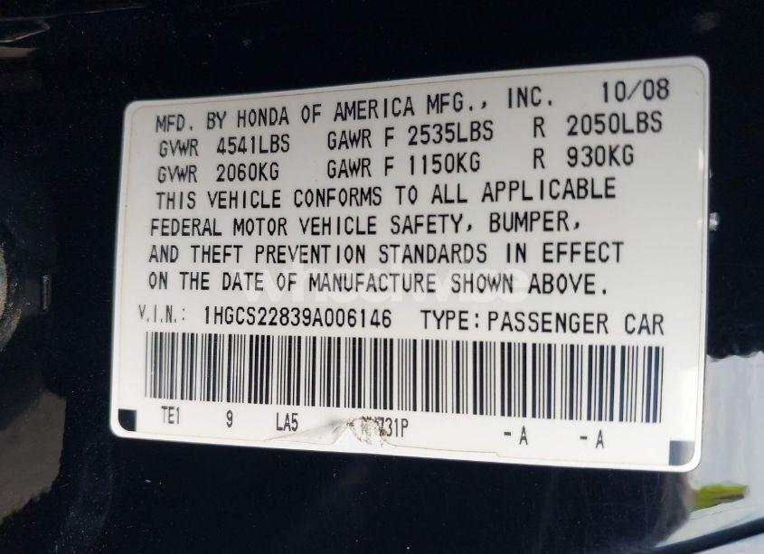 Photo 9 of 2009 Honda Accord 3.5 EX-L (VIN 1HGCS22839A006146)