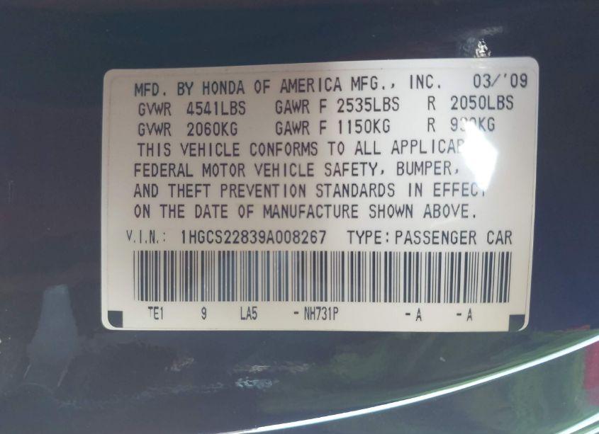 Photo 9 of 2009 Honda Accord 3.5 EX-L (VIN 1HGCS22839A008267)