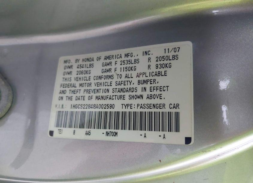 Photo 9 of 2008 Honda Accord 3.5 EX-L (VIN 1HGCS22848A002590)