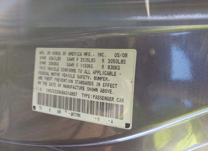 Photo 9 of 2008 Honda Accord EXL (VIN 1HGCS22848A014867)