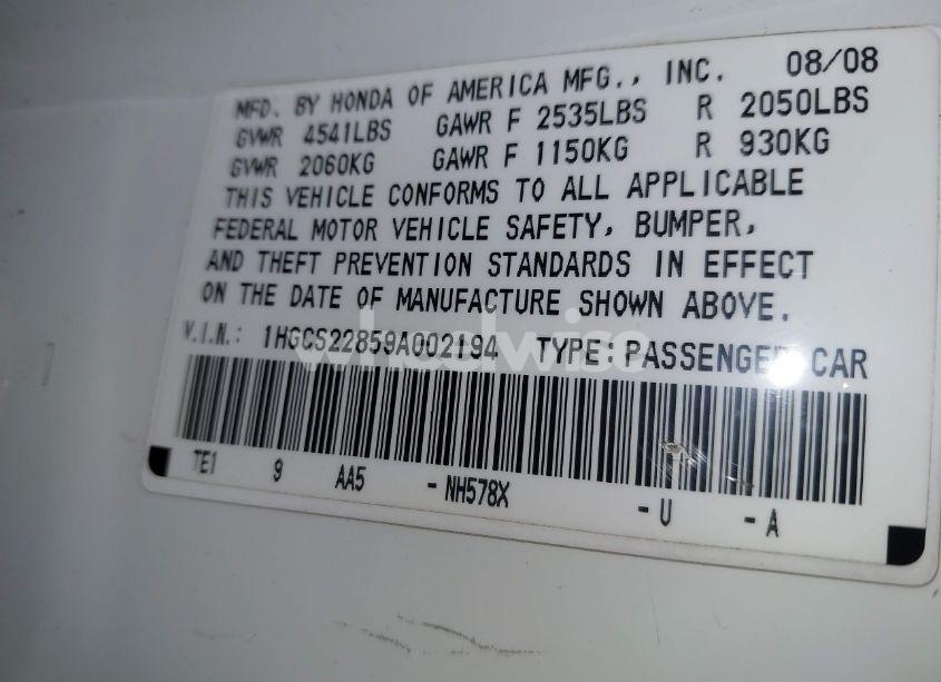 Photo 9 of 2009 Honda Accord 3.5 EX-L (VIN 1HGCS22859A002194)