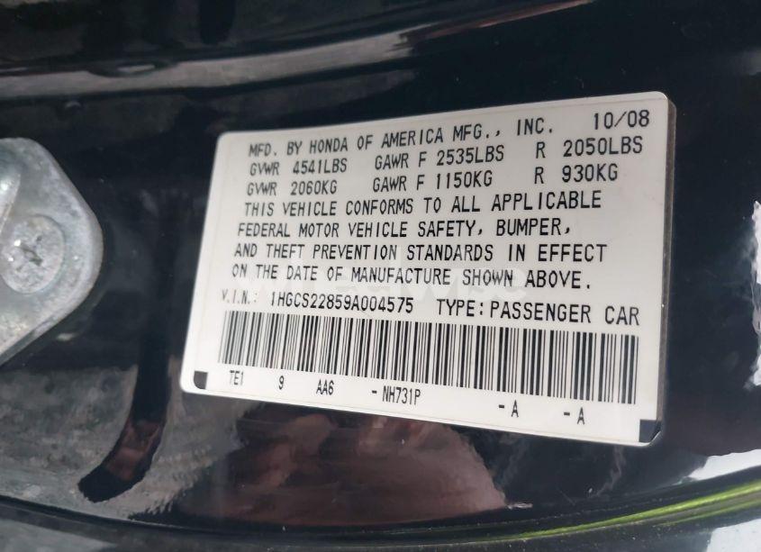 Photo 9 of 2009 Honda Accord 3.5 EX-L (VIN 1HGCS22859A004575)