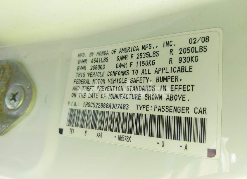 Photo 9 of 2008 Honda Accord EXL (VIN 1HGCS22868A007483)