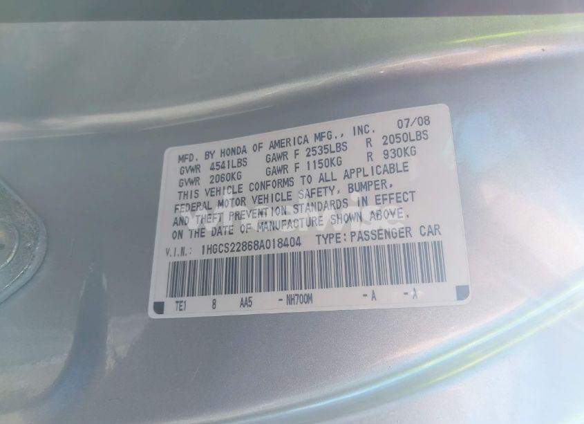 Photo 9 of 2008 Honda Accord 3.5 EX-L (VIN 1HGCS22868A018404)