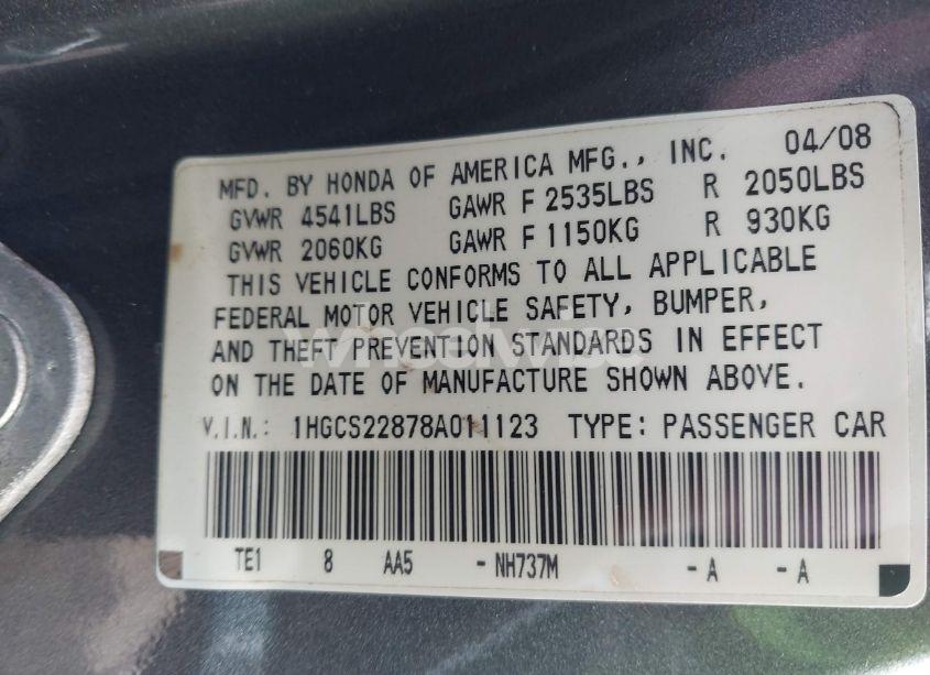 Photo 9 of 2008 Honda Accord 3.5 EX-L (VIN 1HGCS22878A011123)