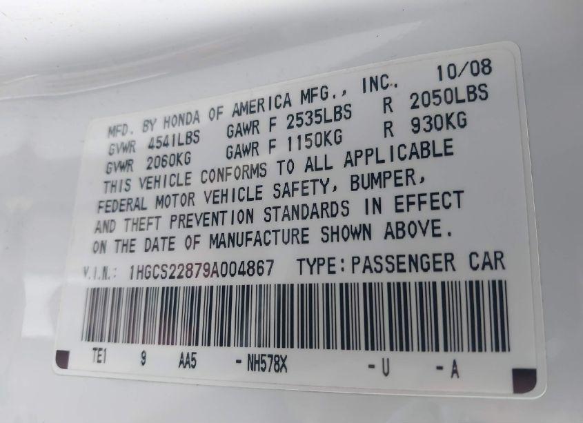 Photo 9 of 2009 Honda Accord 3.5 EX-L (VIN 1HGCS22879A004867)