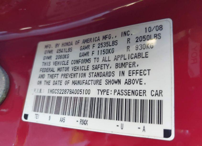 Photo 9 of 2009 Honda Accord 3.5 EX-L (VIN 1HGCS22879A005100)