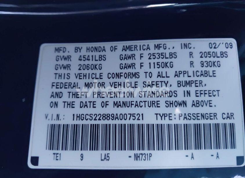 Photo 9 of 2009 Honda Accord 3.5 EX-L (VIN 1HGCS22889A007521)