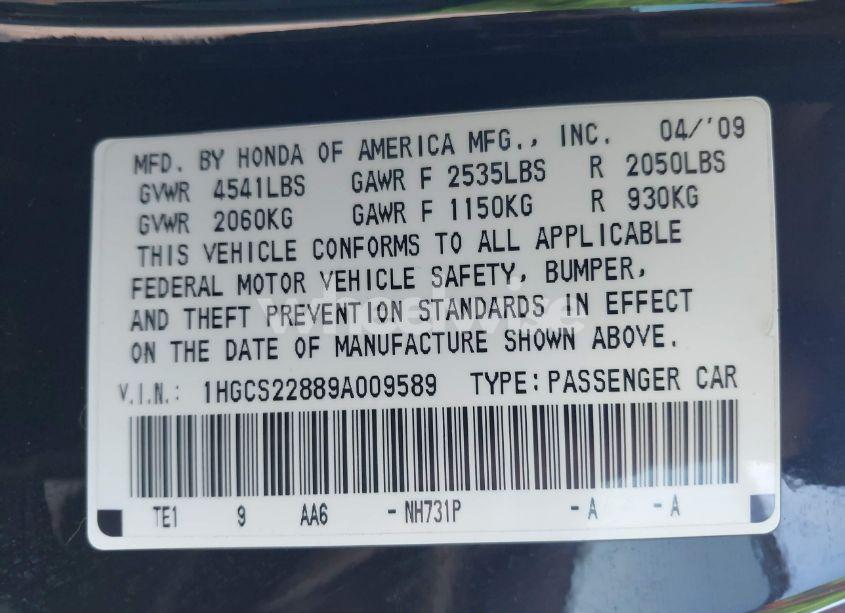 Photo 9 of 2009 Honda Accord 3.5 EX-L (VIN 1HGCS22889A009589)