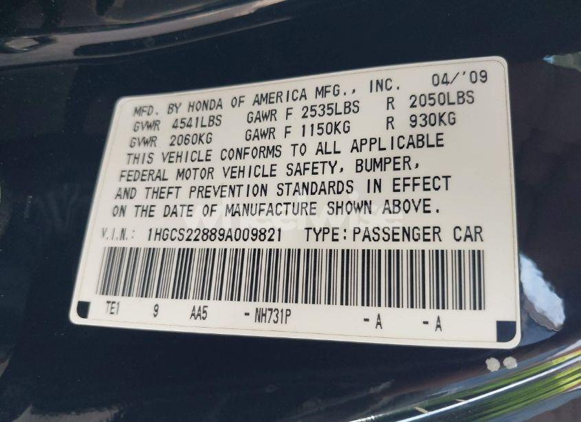 Photo 9 of 2009 Honda Accord 3.5 EX-L (VIN 1HGCS22889A009821)