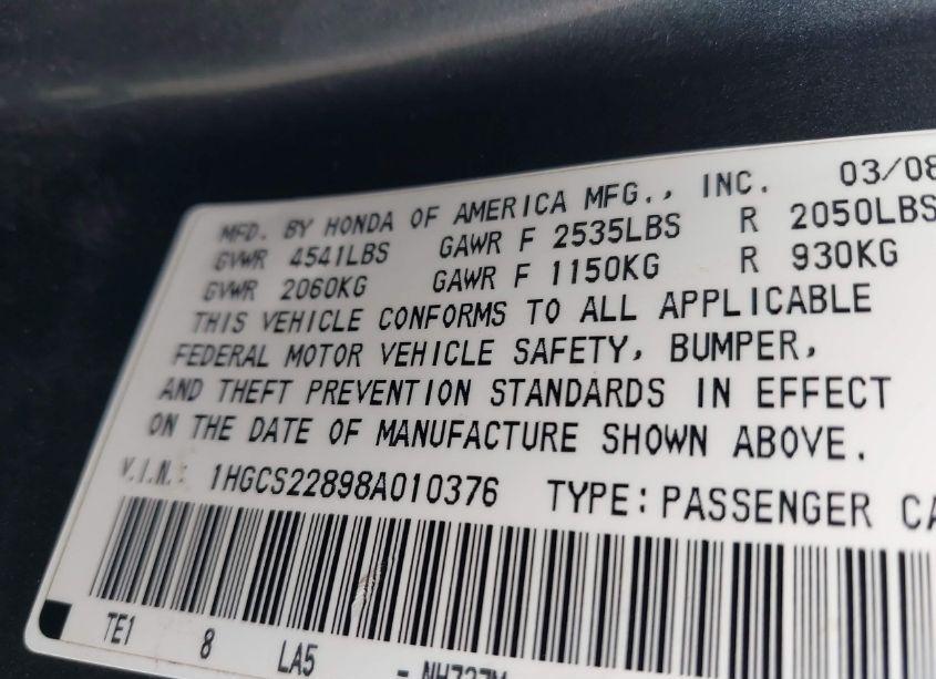 Photo 9 of 2008 Honda Accord 3.5 EX-L (VIN 1HGCS22898A010376)