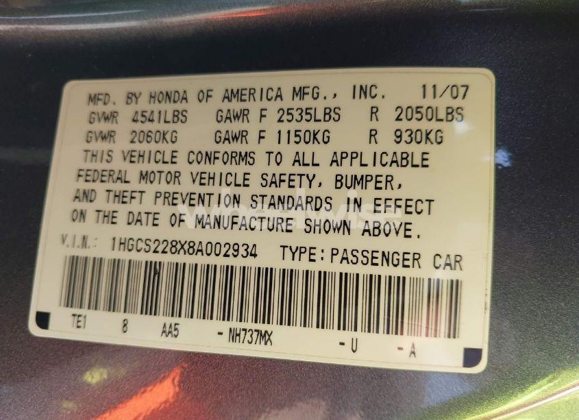 Photo 9 of 2008 Honda Accord 3.5 EX-L (VIN 1HGCS228X8A002934)