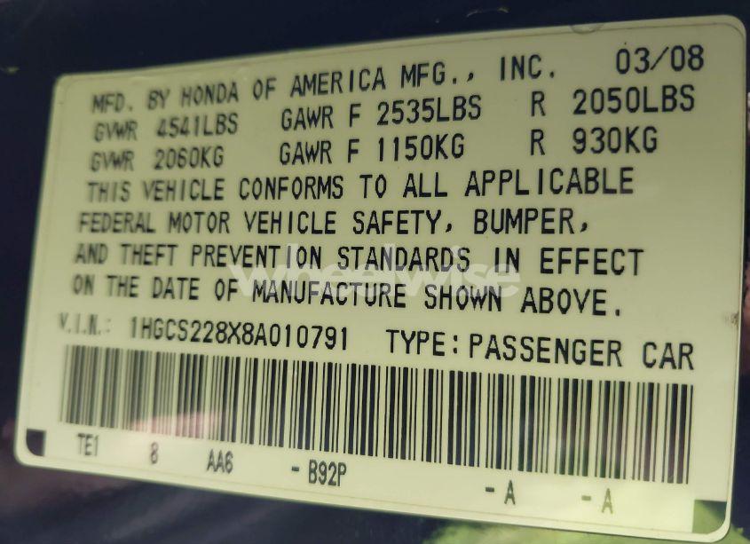 Photo 9 of 2008 Honda Accord 3.5 EX-L (VIN 1HGCS228X8A010791)