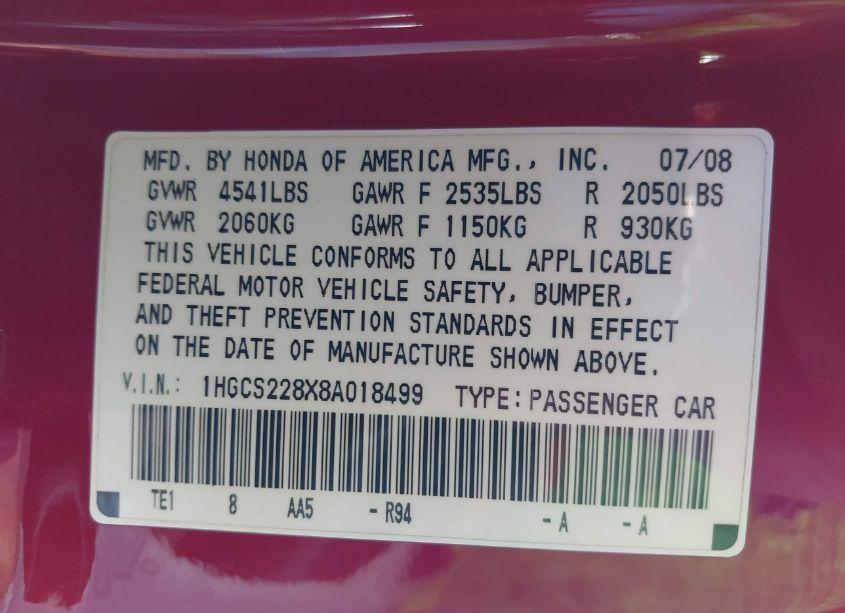 Photo 9 of 2008 Honda Accord 3.5 EX-L (VIN 1HGCS228X8A018499)