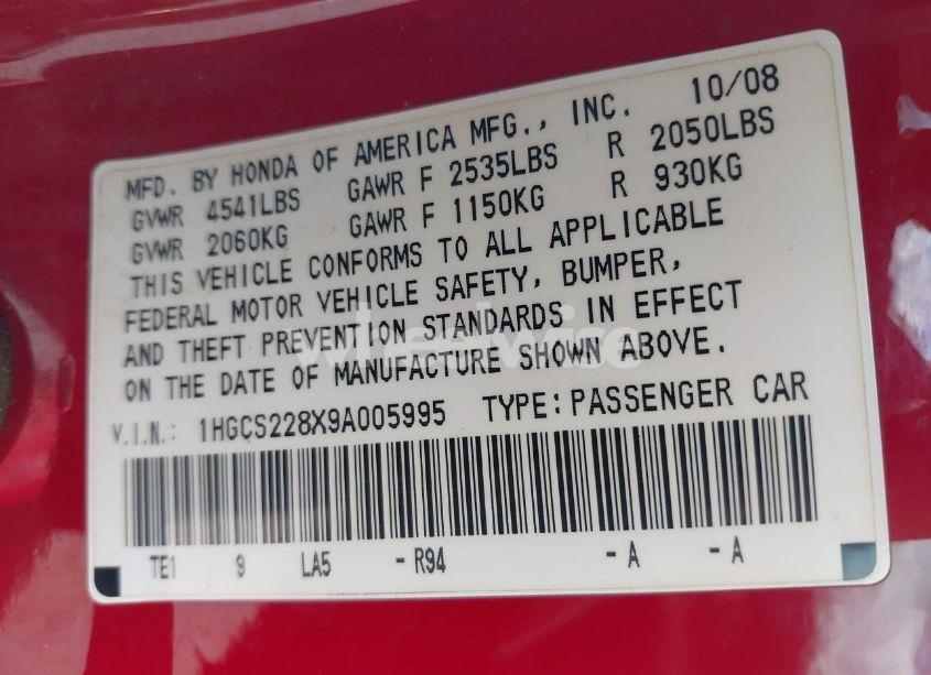 Photo 9 of 2009 Honda Accord 3.5 EX-L (VIN 1HGCS228X9A005995)