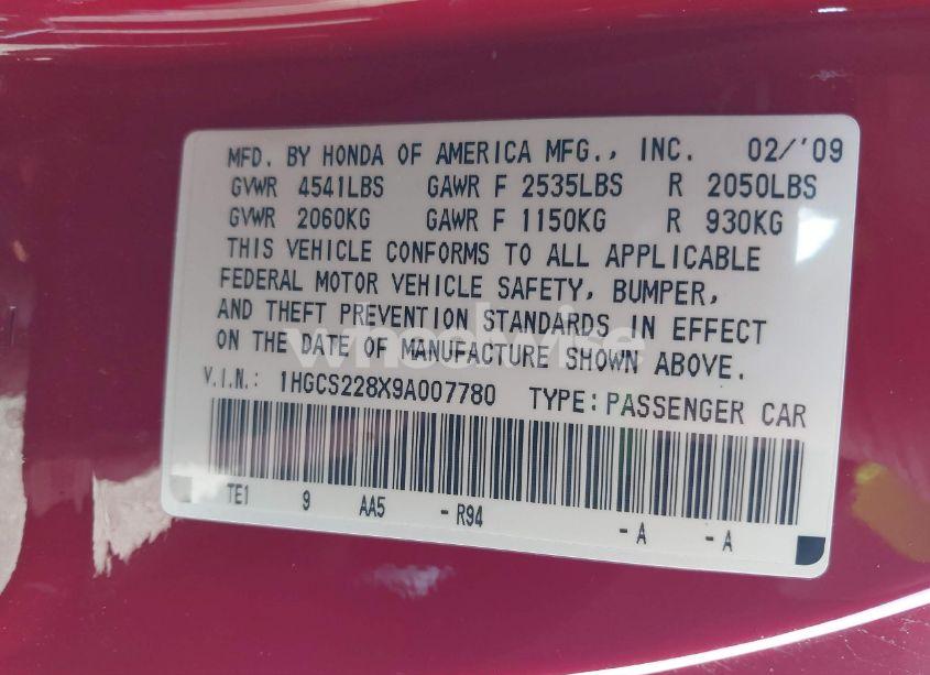 Photo 9 of 2009 Honda Accord 3.5 EX-L (VIN 1HGCS228X9A007780)