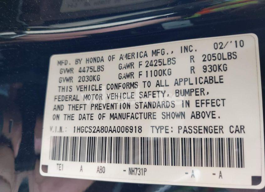 Photo 9 of 2010 Honda Accord 3.5 EX-L (VIN 1HGCS2A80AA006918)