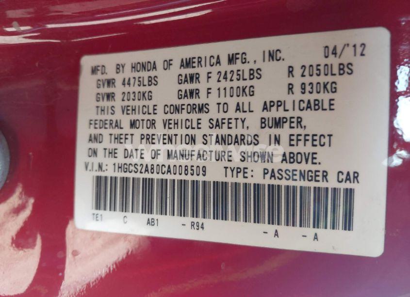 Photo 9 of 2012 Honda Accord CPE EX-L (VIN 1HGCS2A80CA008509)