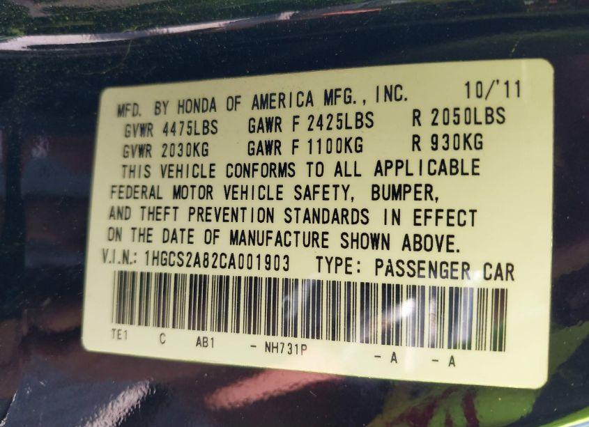 Photo 9 of 2012 Honda Accord 3.5 EX-L (VIN 1HGCS2A82CA001903)