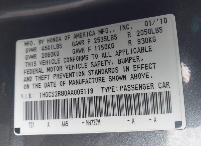 Photo 9 of 2010 Honda Accord 3.5 EX-L (VIN 1HGCS2B80AA005119)