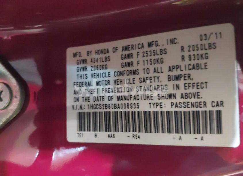 Photo 9 of 2011 Honda Accord 3.5 EX-L (VIN 1HGCS2B80BA006935)