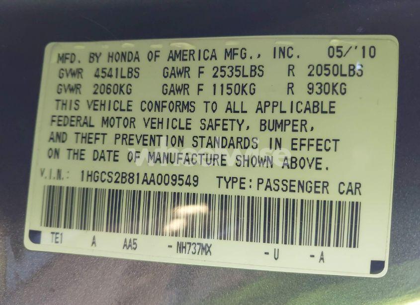 Photo 9 of 2010 Honda Accord 3.5 EX-L (VIN 1HGCS2B81AA009549)