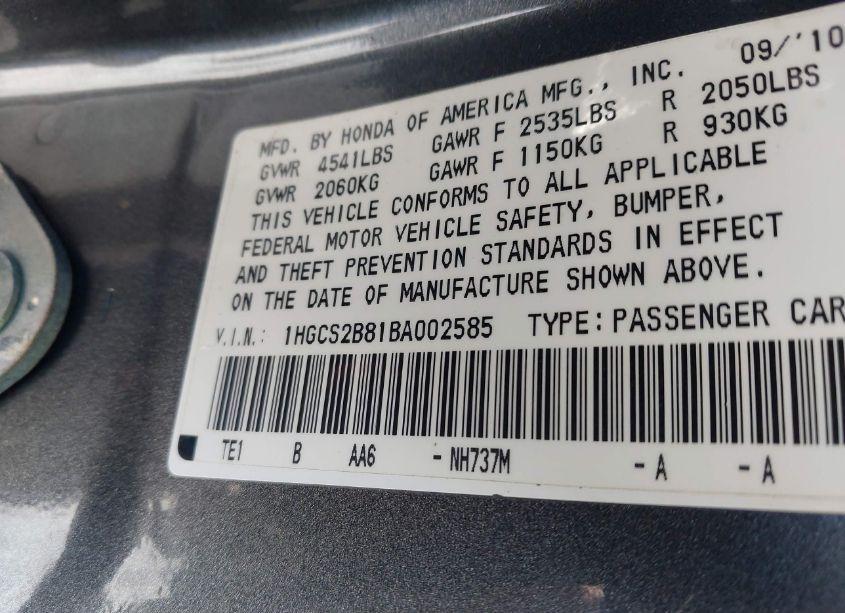 Photo 9 of 2011 Honda Accord 3.5 EX-L (VIN 1HGCS2B81BA002585)