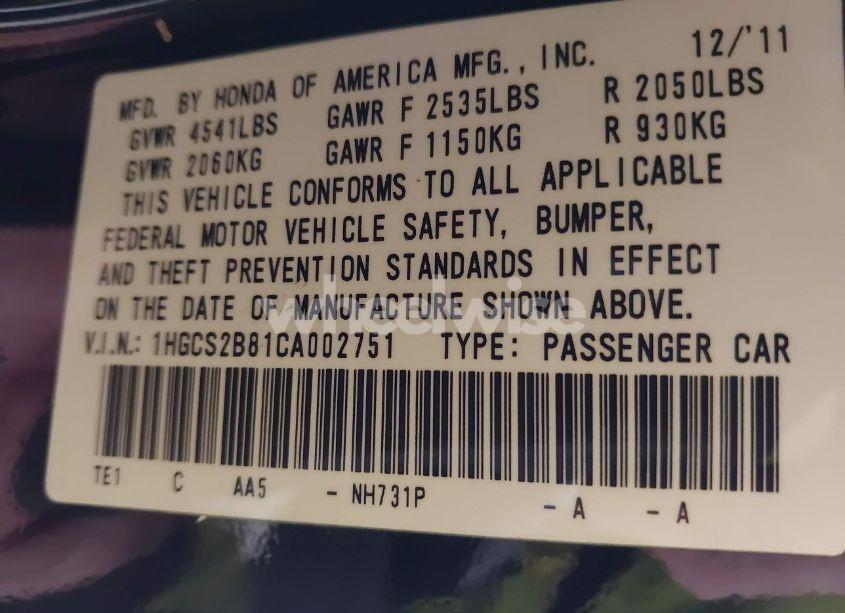 Photo 9 of 2012 Honda Accord 3.5 EX-L (VIN 1HGCS2B81CA002751)