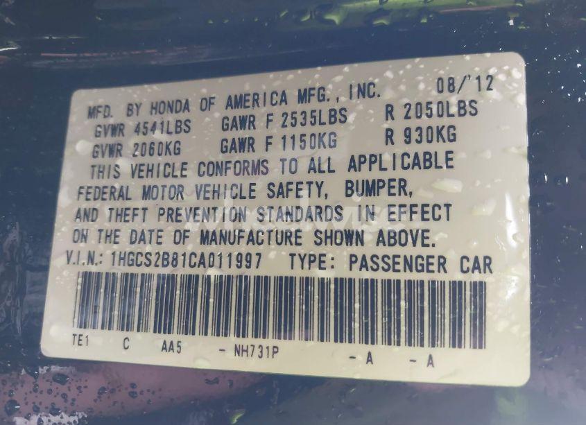 Photo 9 of 2012 Honda Accord 3.5 EX-L (VIN 1HGCS2B81CA011997)