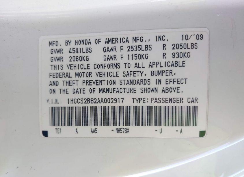 Photo 9 of 2010 Honda Accord 3.5 EX-L (VIN 1HGCS2B82AA002917)