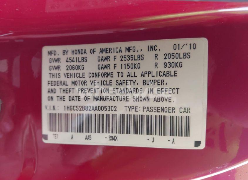 Photo 9 of 2010 Honda Accord 3.5 EX-L (VIN 1HGCS2B82AA005302)