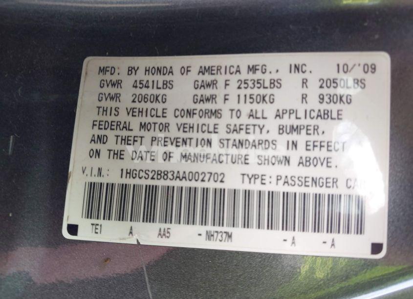 Photo 9 of 2010 Honda Accord 3.5 EX-L (VIN 1HGCS2B83AA002702)