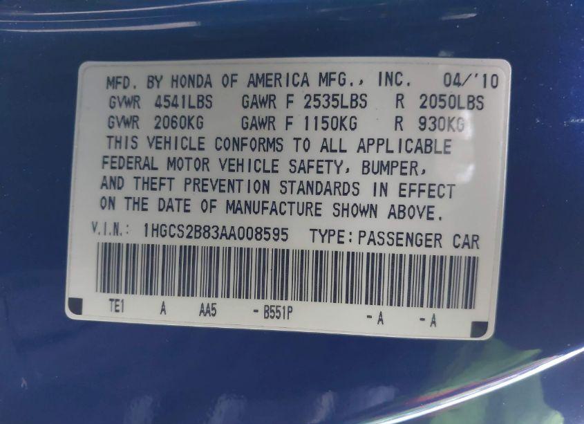 Photo 9 of 2010 Honda Accord 3.5 EX-L (VIN 1HGCS2B83AA008595)