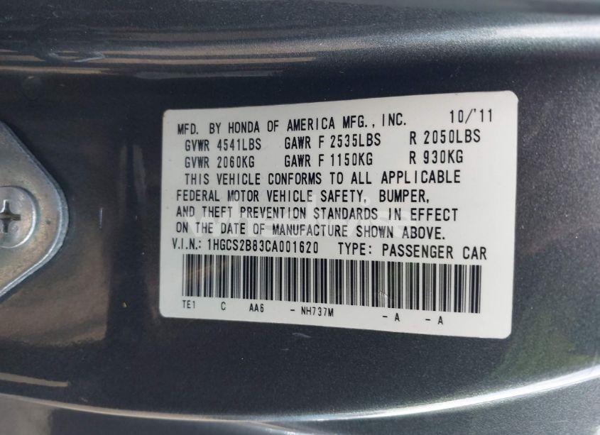 Photo 9 of 2012 Honda Accord 3.5 EX-L (VIN 1HGCS2B83CA001620)