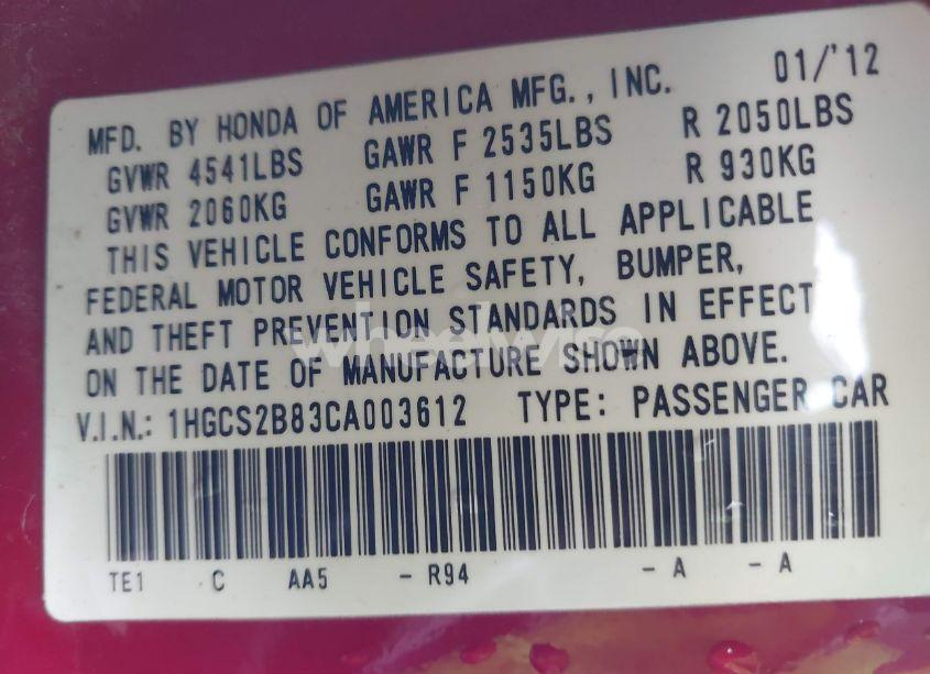 Photo 9 of 2012 Honda Accord 3.5 EX-L (VIN 1HGCS2B83CA003612)