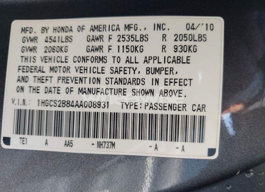 Photo 9 of 2010 Honda Accord 3.5 EX-L (VIN 1HGCS2B84AA008931)