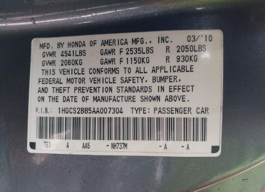 Photo 9 of 2010 Honda Accord 3.5 EX-L (VIN 1HGCS2B85AA007304)