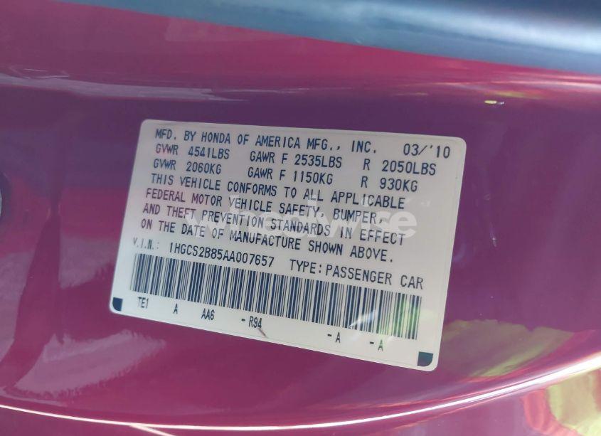 Photo 9 of 2010 Honda Accord 3.5 EX-L (VIN 1HGCS2B85AA007657)