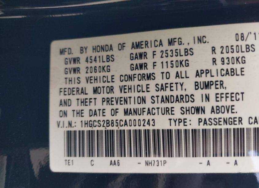 Photo 9 of 2012 Honda Accord 3.5 EX-L (VIN 1HGCS2B85CA000243)