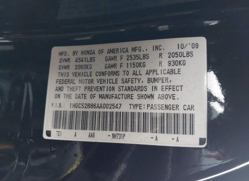 Photo 9 of 2010 Honda Accord 3.5 EX-L (VIN 1HGCS2B86AA002547)