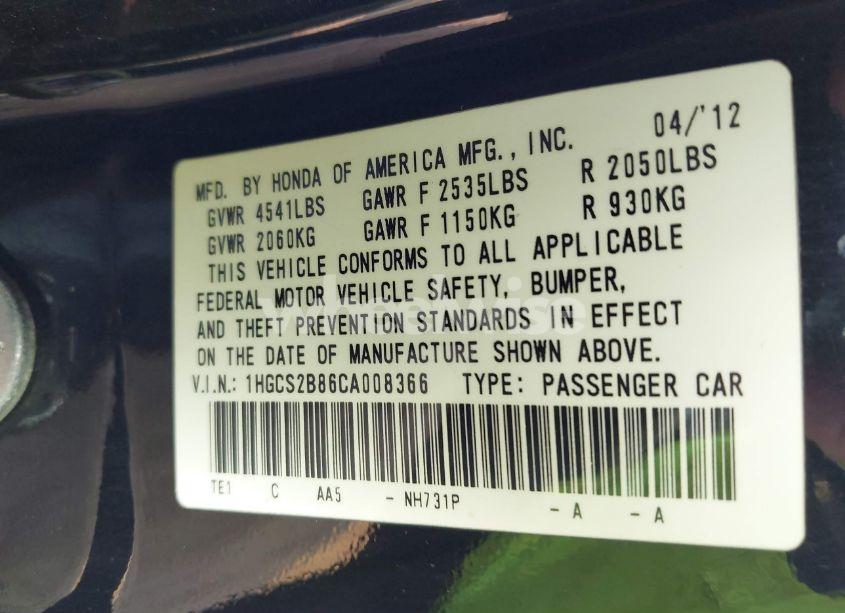 Photo 9 of 2012 Honda Accord 3.5 EX-L (VIN 1HGCS2B86CA008366)