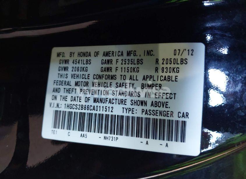 Photo 9 of 2012 Honda Accord 3.5 EX-L/EX-L (VIN 1HGCS2B86CA011512)
