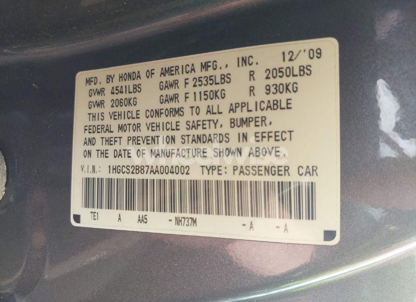 Photo 9 of 2010 Honda Accord 3.5 EX-L (VIN 1HGCS2B87AA004002)