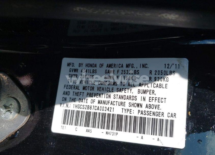 Photo 9 of 2012 Honda Accord 3.5 EX-L (VIN 1HGCS2B87CA003421)