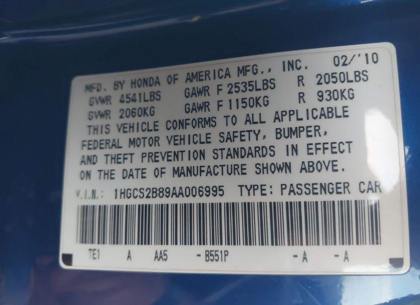 Photo 9 of 2010 Honda Accord 3.5 EX-L (VIN 1HGCS2B89AA006995)