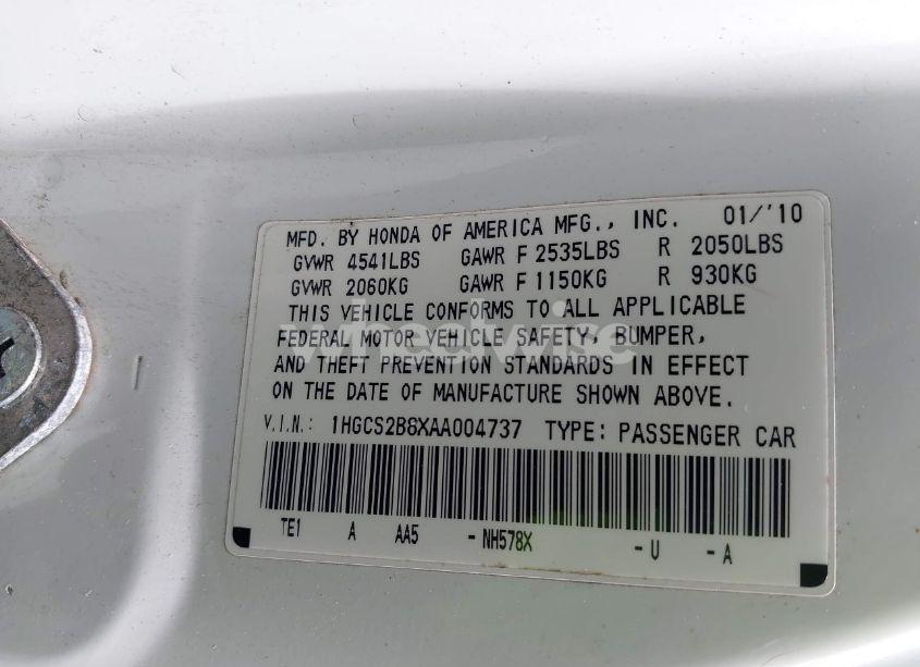 Photo 9 of 2010 Honda Accord 3.5 EX-L (VIN 1HGCS2B8XAA004737)