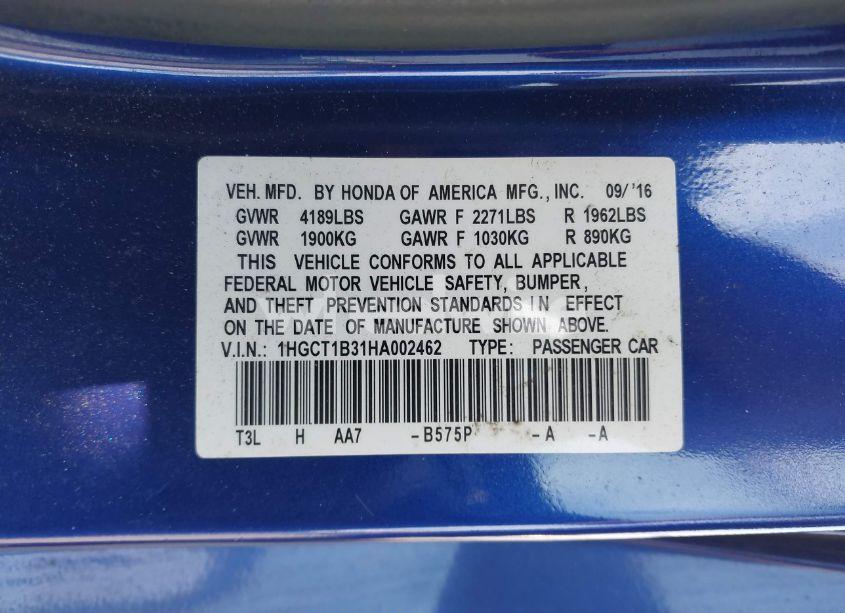 Photo 9 of 2017 Honda Accord LX-S (VIN 1HGCT1B31HA002462)